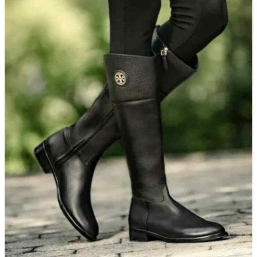 Tory Burch Black Leather Tall Riding Boots with Gold Logo - Picture 9 of 14